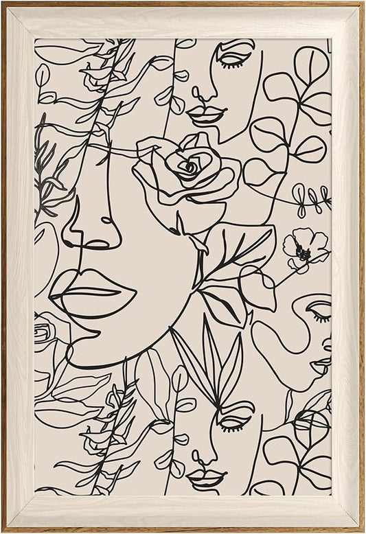 ASTRDECOR Abstract Framed Wall Art, Minimalist Boho Art Prints Women Portrait Line Art Wall Decor, Mid Century Wall Prints, Boho Wall Art Canvas, Neutral Black Beige Bedroom Decor - 16''x24''