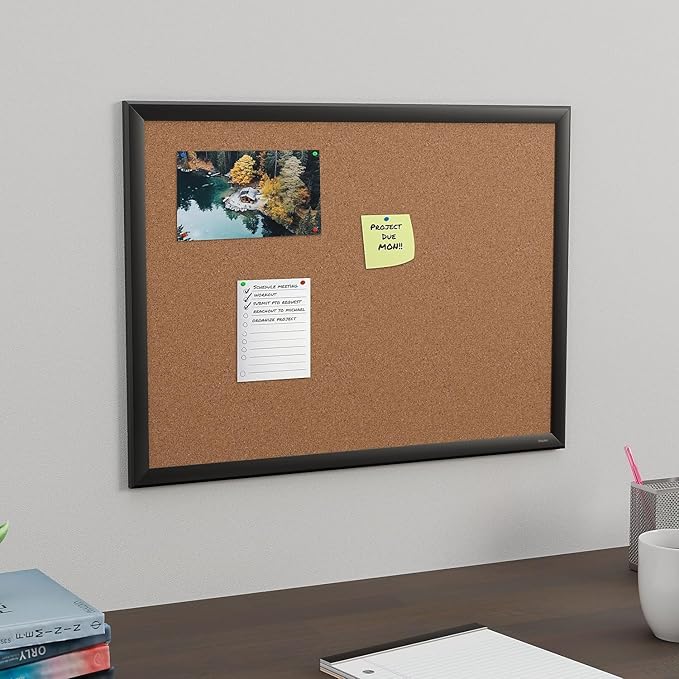 Staples Cork Bulletin Board with Black Frame, 2' x 1.5' Compact Wall Mounted Bulletin Board for Home Office and Classroom