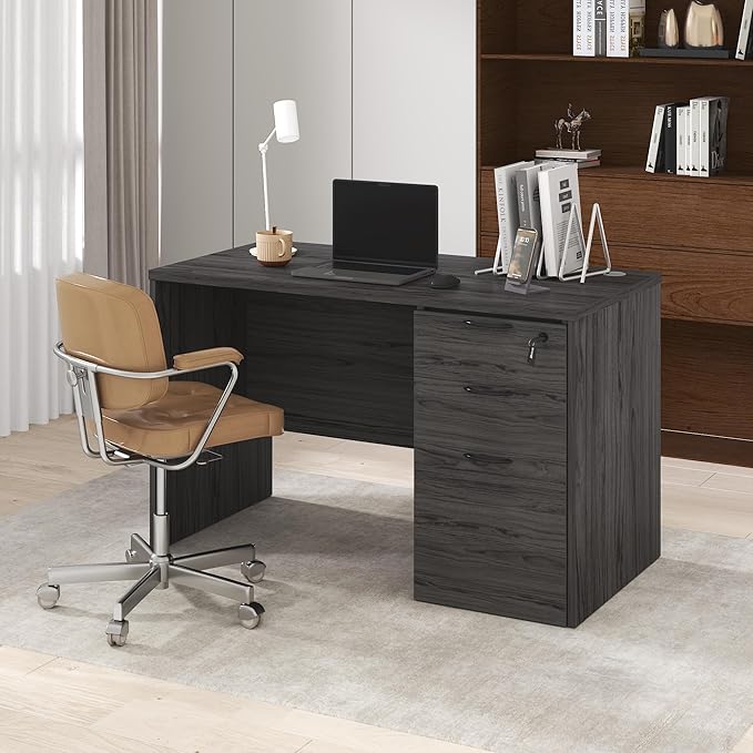 Furinno Roger 47 Inch Executive Desk with File Cabinet, Home Office Desk with 3-Drawer Fixed Pedestal Filing Cabinet, Desk Cord Grommet, for Home Office, Coastal Grey