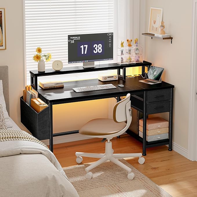 40" Gaming Desk with Drawers&Storage Bag, Computer Desk with Power Outlets and LED Lights, Office Desk with Monitor Stand for Bedroom Gaming Room, Study Work Home Office, Small Spaces, Black