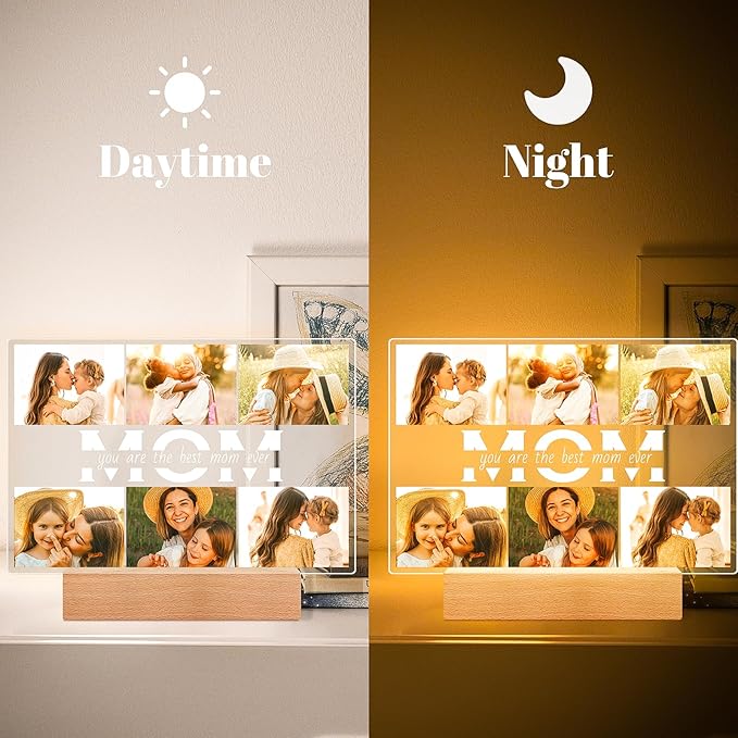 Personalized Mothers Day Gifts for Mom from Daughter Son, Custom Picture Frames with Photos, Customized Photo Frame with Night Light, Personalized Birthday Gifts for Mom Baby Kids Family