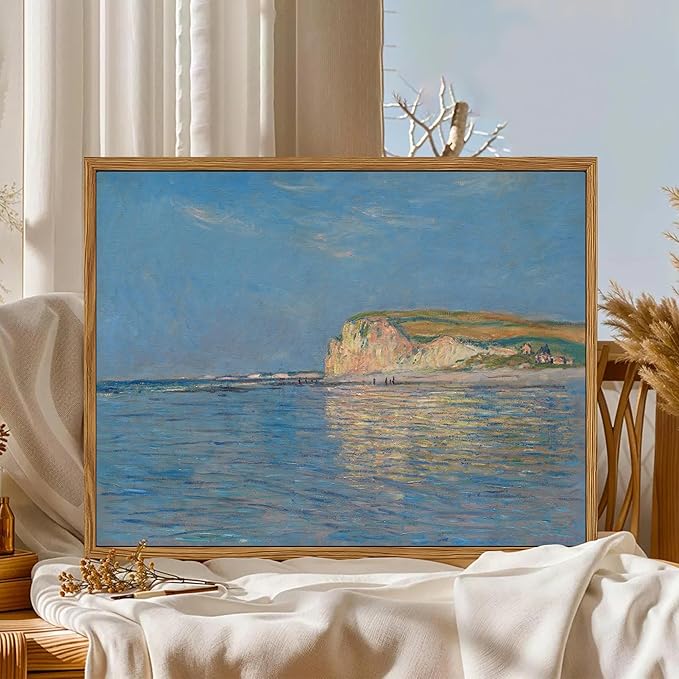 Framed Monet Coastal Wall Art Decor – Impressionist Beach Oil Painting Canvas Prints – Vintage Beachy Landscape Classic Aesthetic Wall Decor for Living Room Bedroom Bathroom – 16"x24"