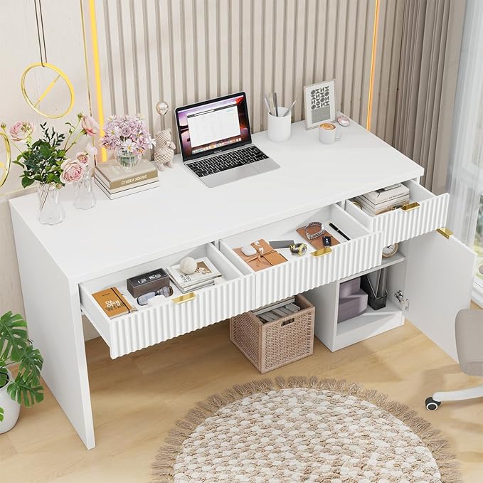 60" Executive Desk with Fluted Drawers, Wood Home Office Desk with Storage Cabinet, Fluted Reversible Computer Writing Desk for Study, Living Room,White