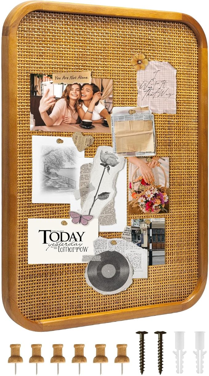 20" x 30" Bulletin Board, Round-Edged Rectangle Cork Board，Wooden Frame with Boho Style Rattan Wall Organizer,5075Teng