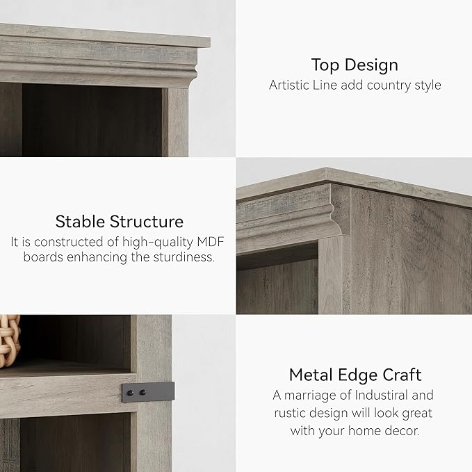 Farmhouse Book Shelf, 5 Tier Book Shelf for Display, 67.4" Wooden Bookcase for Storage, 5 Shelf Display Shelvesfor Home Office, Living Room, Bed Room-Grey