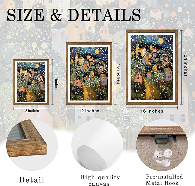AVECCO Framed Colorful House Village Night Canvas Wall Art, Gustav Klimt Style Moon Stars Tree Wall Decor, Vibrant Starry Landscape Prints for Bathroom Living Room Bedroom Dining Room Office 12x16 in