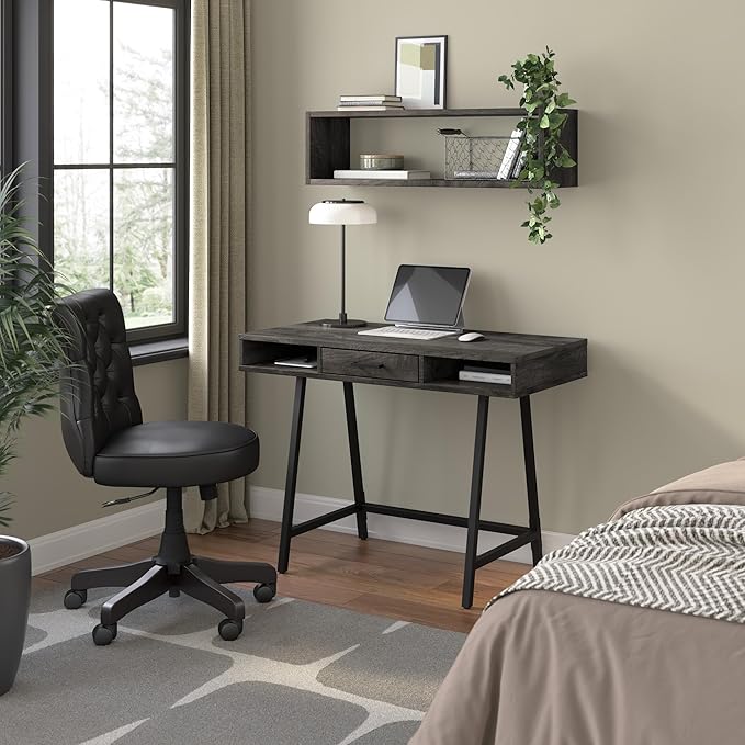 Bush Home Steele 40W Writing Desk in Dark Gray Hickory | Compact Computer Table with Storage for Home Office, Study Room, or Entryway