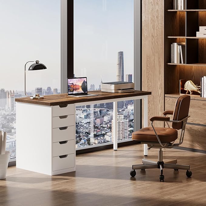 Tribesigns Modern Simple Computer Desk, 47 Inches PC Desk with 5 Reversible Drawers, Rustic Brown Study Writing Table Workstation for Home Office Small Spaces (Brown+White)