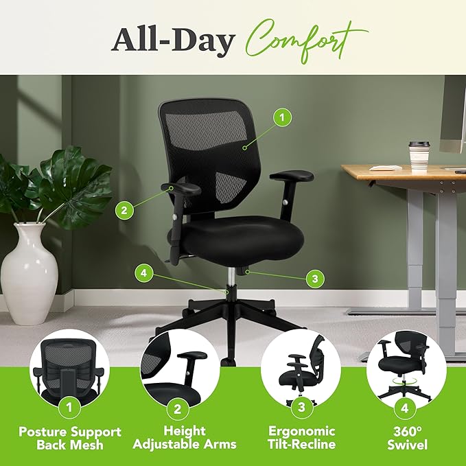 HON Prominent High Back Office Chair, Ergonomic Desk Chair with Adjustable Center-Tilt Recline, 360 Swivel, Swivel-Tilt, Black