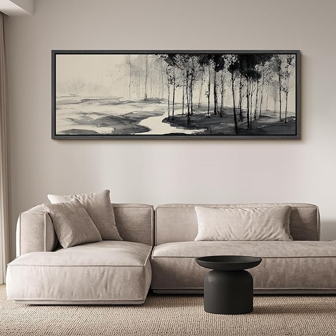 SIGNFORD Large Framed Canvas Print Wall Art Minimalist Ink Forest Landscape Illustrations Modern Art Calm Warm for Living Room, Bedroom, Office - 60"x20"