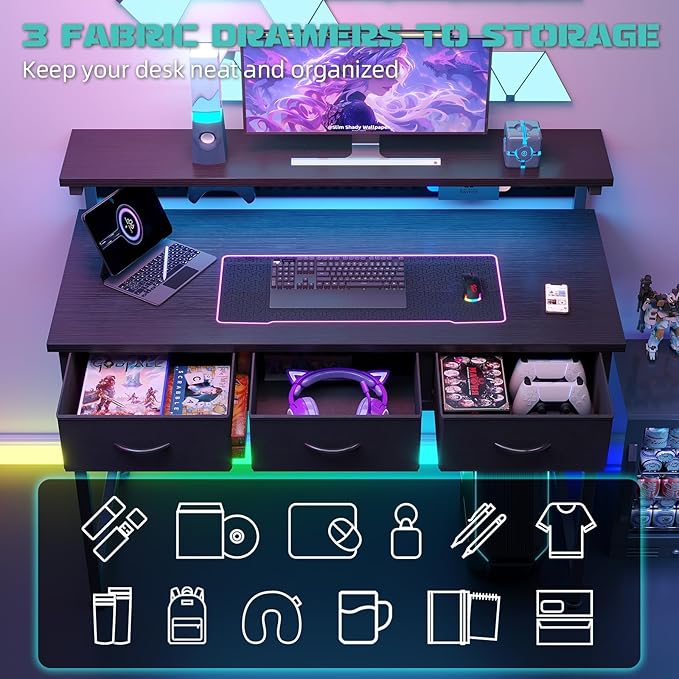 MUTUN Computer Desk with Drawers, 40 Inch Computer Desk with Power Outlet & LED Light, Gaming Desk with Adjustable Monitor Stand & Pegboard, Modern PC Study Writing Table for Bedroom, Black