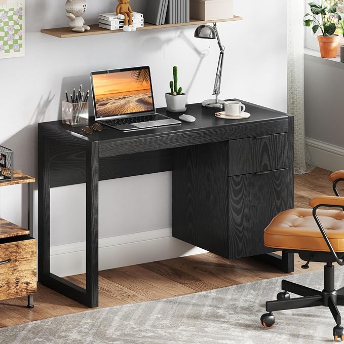 Tangkula Computer Desk with Storage Cabinet & Drawer, White Wooden Home Office Desk, PC Laptop Workstation Study Writing Desk with Smooth Surface, Ideal for Home Office (Black)