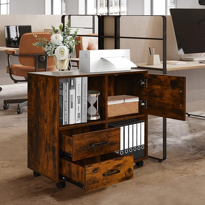 Giantex Printer Stand Lateral Cabinet - Mobile File Cabinet with 2 Drawers, Office Cabinet with 2 Open Compartments, Lateral Rolling Filing Cabinet on Wheels, Printer Cabinet(Brown)