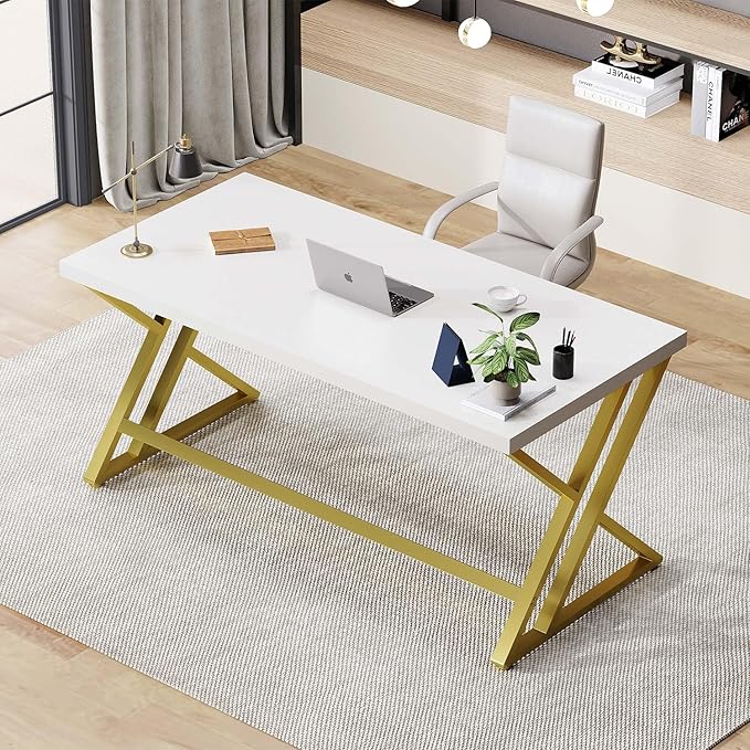LVB White and Gold Desk, Modern Wood Home Office Computer Desk, Metal Study Executive Writing Table for Gaming Writing Work, Farmhouse Simple Compact Student PC Desk for Bedroom, 55 Inch