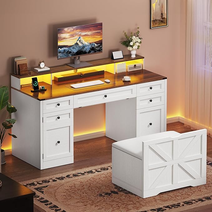 YITAHOME Computer Desk Stool Set with 5 Drawers, Office Desk with Power Outlets & LED Lights, Farmhouse Wood Desk Home Office Desks with Storage Cabinet & Monitor Stand for Work, Study, Antique White