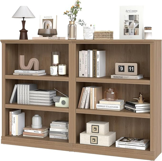 blini Bookshelf and Bookcase Set of 2, Wooden Oak Double Wide Large Bookshelves 3 Tier Bookshelf with Storage Cabinets for Living Room, Home Office, Library (Oak, 3-Shelf)