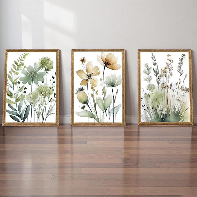 SYWENNOI 3 Pieces Wood Framed Green Botanical Canvas Wall Art, Boho Floral Watercolor Art Wall Decor, Minimalist Flower Pictures Poster Prints for Bedroom Bathroom Living Room Ready to Hang 20x30 In