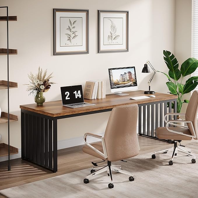 Tribesigns 2-Person Desk with Metal Frame, 78.74" Double Desk for Two People, Industrial Long Computer Writing Table for 2 People Home Office (Oak)