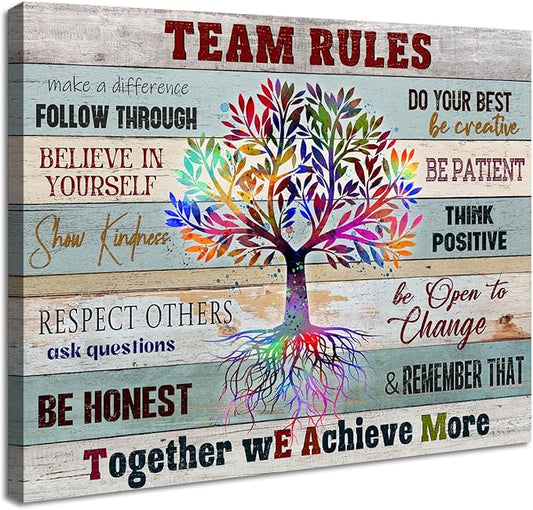 Inspirational Team Rules Wall Art for Office Decor Motivation Positive Quotes Canvas Prints Rustic Farmhouse Teamwork Artwork Framed Painting for Home Workplace 16x12inch Colleagues Coworker Gifts