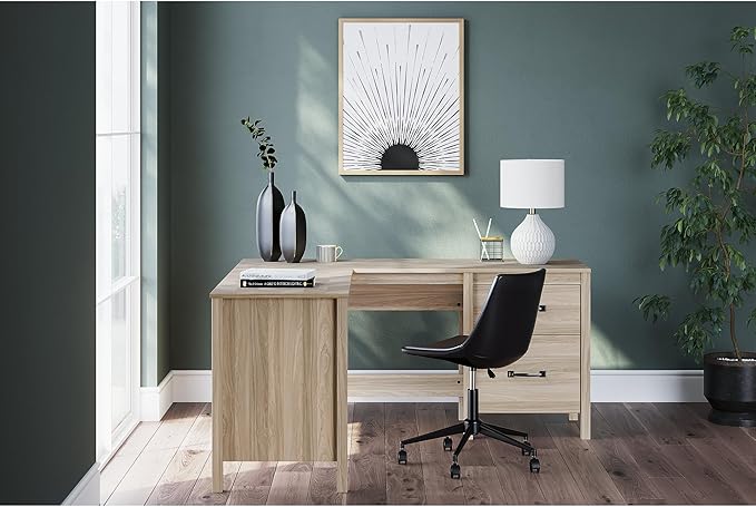 Signature Design by Ashley Battelle Casual L-Shaped Chevron Pattern 60" Home Office Desk with Return, Drawer and Cabinet, Light Brown