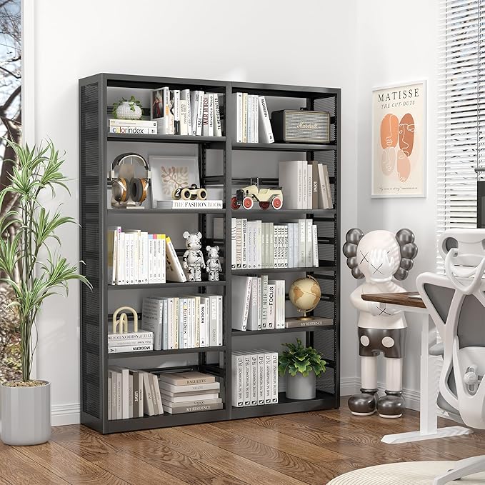Large 5 Shelf Bookcase, Metal 5 Tier Bookshelf with Bookends, 54 Inch Wide Book Case, Tall Book Shelf Organizer, Black Bookcases for Library, Home Office, School, Clinic-Assemble Required