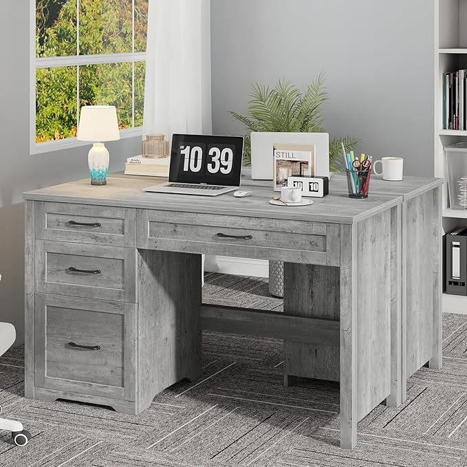 Farmhouse 47" Executive Desk with File Drawer, Wood Computer Desk with 3 Storage Drawers, Workstation for Home Office, Study, Writing(Grey)