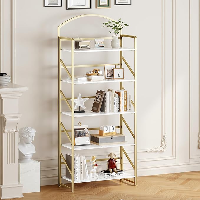 BHG Arched Bookshelf 5 Tier Shelf Storage Organizer Bookcase,No Assembly Folding Book Shelf for Living Room,Bedroom Home Office Rack Bookhelves