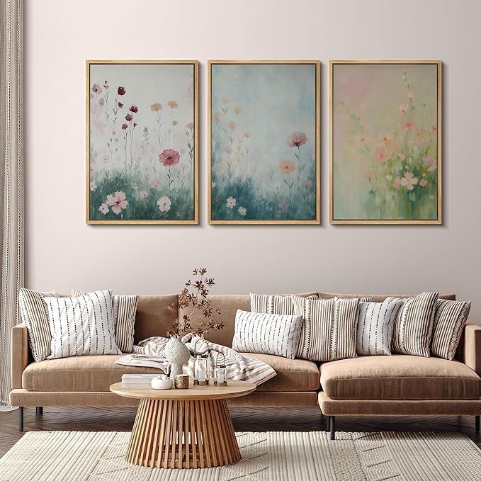 SIGNFORD Framed Wall Art Print Set Pastel Wildflower Meadow Soft Botanical Digital Art Modern Art Contemporary for Living Room, Bedroom, Office - 16"x24"x3 NATURAL