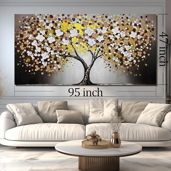 Tree Painting for Living Room for White and Gold Wall Art for Dining Room Extra Large Home Office Decor 47 x 95 Inch