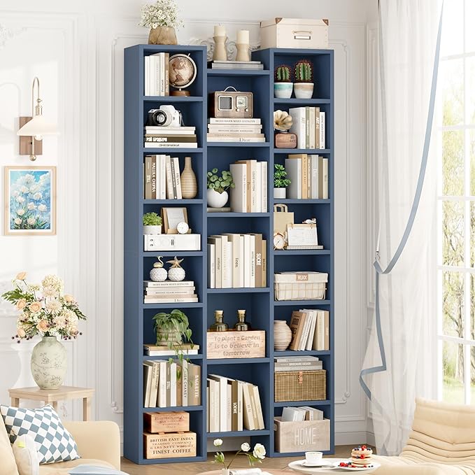FOTOSOK 71'' Tall Bookshelf with 21 Cubes, 8 Tier Triple Wide Bookshelf with 8 Adjustable Shelves, 35" Large Bookcase DVD/CD Media Tower Storage, Freestanding Display Shelf Cabinet, Blue