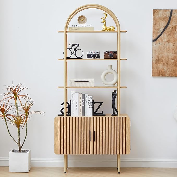 71" Tall Fluted Arched Bookshelf with Doors, Mid Century Modern Metal Bookcase Cabinet with Storage, 4-Tier Industrial Organizer Rack Storage Shelves for Home Office, Living Room (Natural)