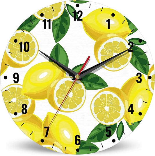 SPUNKER Clocks for Living Room,Lemon Wall Clock Battery Operated 10 Inch,Tropical Fruit Leaves Round Clock Silent Non-Ticking Wall Decor for Farmhouse Office Home School Living Room Bedroom