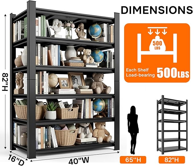 40" W Book Shelf, 6 Tier Metal Bookshelves, Heavy Duty Steel Bookcases, Large Storage Capacity Adjustable Tall Industrial Bookshelf for Living Room, Bedroom and Library, Black