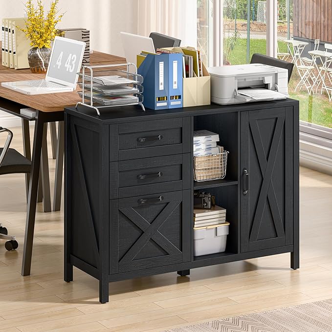 Farmhouse Lateral Filing Cabinet, Lateral File Cabinet with 3 Drawers and Cabinet, Large Printer Stand with File Drawer for Letter/A4 Size Hanging Files for Home Office, Rustic Black
