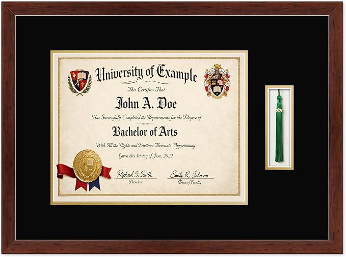 CountryArtHouse Diploma and Tassel Frame Fits 14 x 11 College Diploma (Modern) with Tassel Hoo Rustic Walnut Genuine Hardwood Shadowbox with Black Over Metallic Gold Double mat