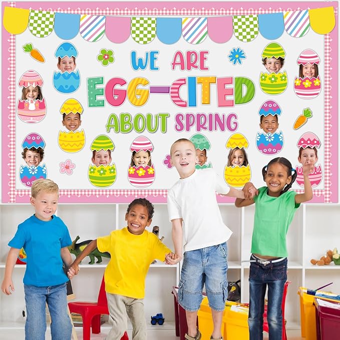 Easter Bulletin Board Decoration Set Easter Egg DIY Photo Craft Cutouts We are Egg-Cited About Spring Classroom Decoration for Teacher School Office Home Chalkboard Wall Decor Spring Party Supplies