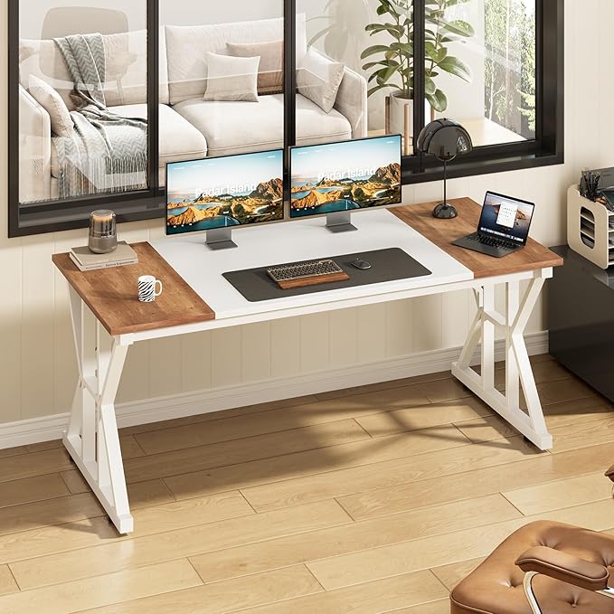 TVU Computer Desk, 55 inch Large Office Desk, Study Writing Table with Thicken Frame, Gaming Desk, Modern Simple Desk for Home Office, Brown/White