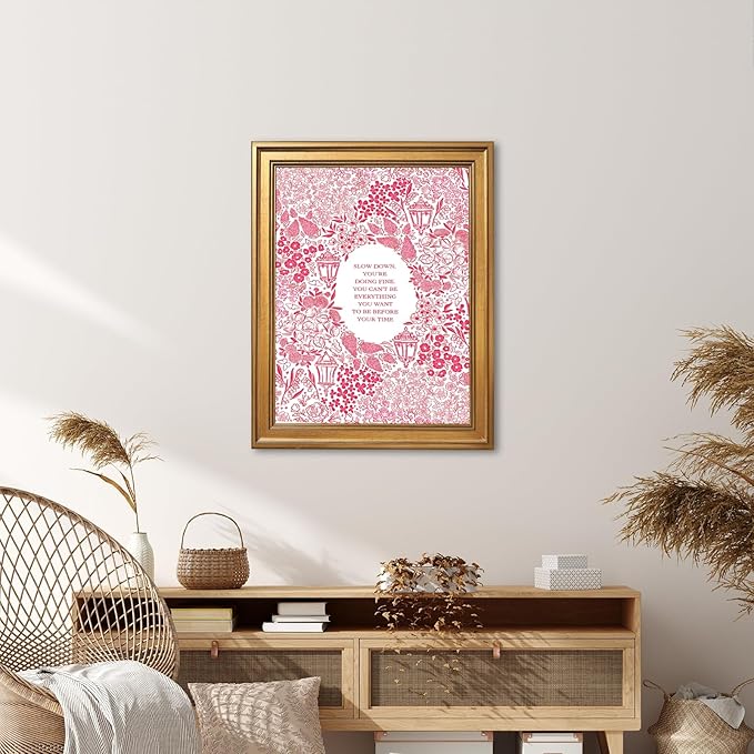 Slow Down You're Doing Fine Music Posters Motivational Quote Pink Wall Art Vintage Floral Positive Daily Reminder Song Lyrics Canvas Print Aesthetic Office Home Decor 24x36inch Vintage Framed