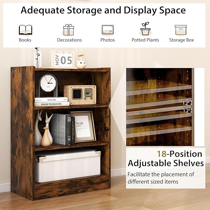 Tangkula 3 Tier Bookcase, Floor Standing Open Bookshelf with 18-Position Adjustable Shelves, Anti-toppling Device, Modern Multipurpose Display Storage Organizer for Living Room Study (1, Brown)