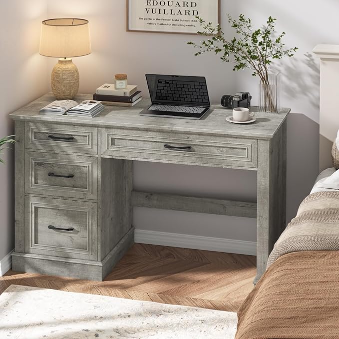Farmhouse 47" Executive Desk with 3 Drawers and Adjustable File Drawer, Workspace for Home Office and Study, Grey.