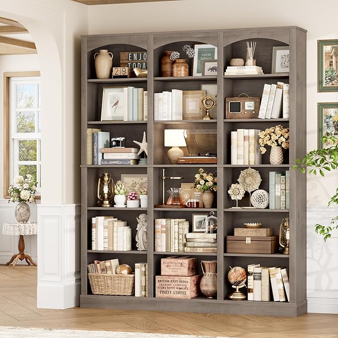 FACBOTALL 71" Triple Wide Bookshelf, 6 Tier Tall Bookshelf, Large Bookcase with Curved Baffle, 63.4" Wide Book Shelf with 18 Open Display Shelves for Living Room, Study, Gray