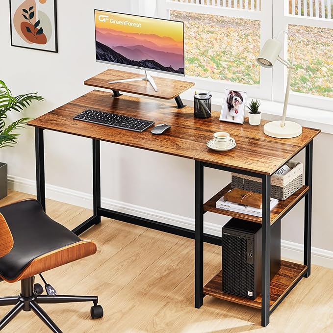 GreenForest Computer Desk with Monitor Stand,47 inch Home Office Desk with Reversible Storage Shelves Modern Writing Study Work Table,Easy Assembly,Walnut
