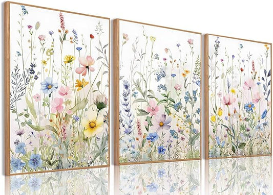 Bwodke Framed Wildflower Wall Art Watercolor Botanical Floral Colorful Canvas Prints Set of 3 Modern Minimalist Flower Pictures Decor Painting Bedroom Bathroom Living Room Nursery 16"x24"