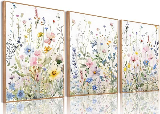 Bwodke Wildflower Wall Art Watercolor Botanical Floral Colorful Canvas Prints Set of 3 Modern Minimalist Flower Pictures Decor Painting Bedroom Bathroom Living Room Nursery 12"x16" Framed