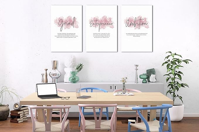 SHMAO Pink Office Canvas Wall Art Motivational Wall Decor, 3 Piece Grind Entrepreneur Ambition Pictures for Office Wall Decor Women Inspirational Framed Artwork Home Office Decor 16”x24”x3 Panels