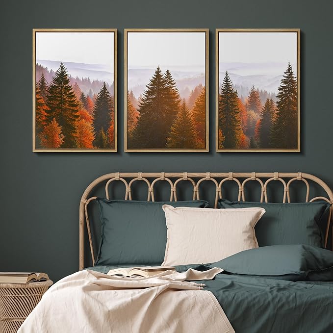 SIGNFORD Framed Wall Art Print Set Golden Autumn Forest Warm Sunrise Landscape Digital Art Modern Art Contemporary for Living Room, Bedroom, Office - 24"x36"x3 Natural