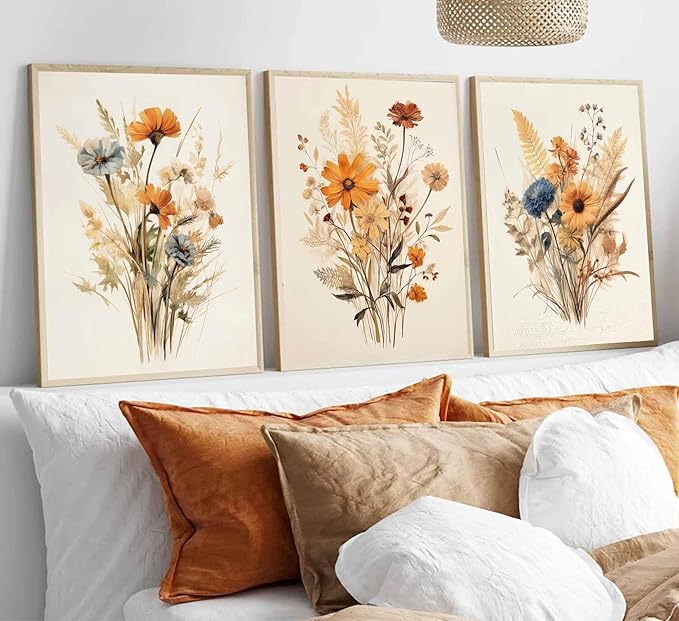 3Pcs Vintage Wildflower Canvas Wall art Country Farmhouse Watercolor Flower Botanical Painting Pictures Wall Decor Floral Poster Print Artwork for Bedroom Living Room Girls Room Decoration Unframed