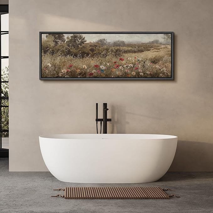 SIGNFORD Large Framed Canvas Wildflower Meadow in Soft Fog Vintage Nature Illustrations Modern Art Calm Warm for Living Room, Bedroom, Office - 60"x20"