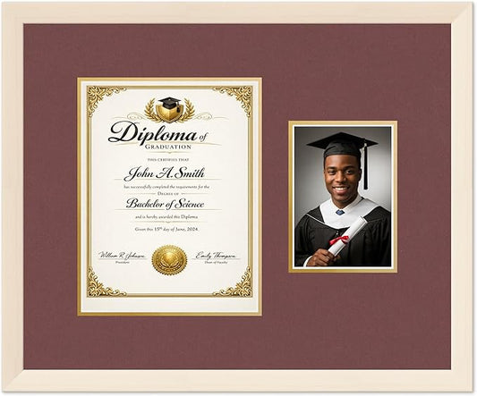 CountryArtHouse Fits 8.5 x 11 Certificate (Portrait) and 5 x 7 Photo Diploma and Photo Frame Coastal Whitewash Genuine Hardwood with Dark Red Over Metallic Gold Double mat