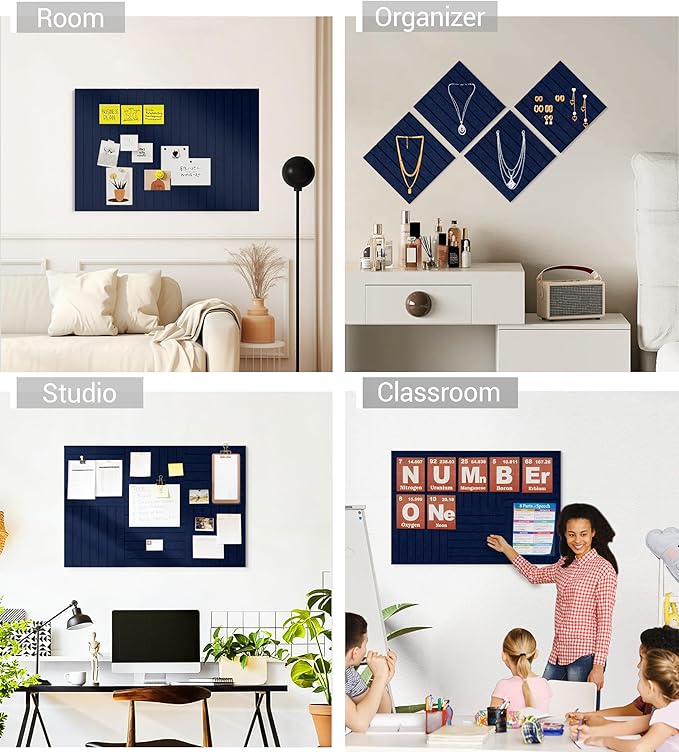 1/2" Thick Cork Board for Office, 6 Pack Felt Wall Tiles -28"x18" with Safe Adhesive Tabs, Large Bulletin Board, Push Pin Board Organizer Wall - Dark Blue